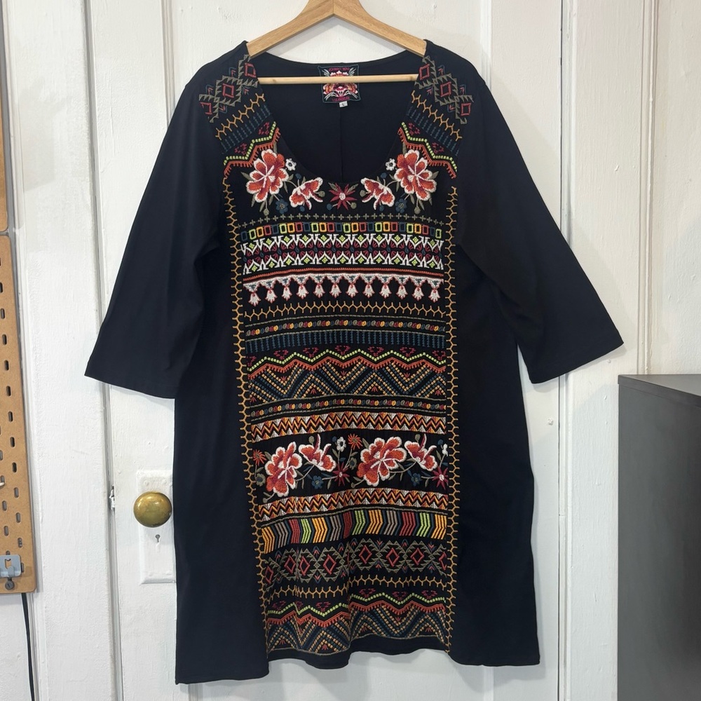Johnny Was Los Angeles Women's Black Floral Embroidered Tunic Bohemian Dress, L - Picture 5 of 16